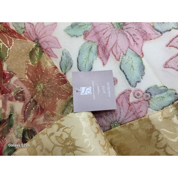 Christmas Poinsettia Table Topper 33 Inch Square Red Gold Organza with Tassels S - Picture 8 of 9